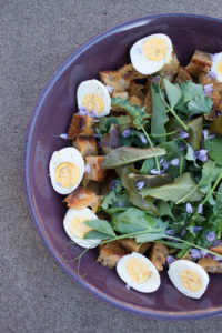 SALAD WITH HARD BOILED EGGS, GARLIC CROUTONS, FRIED CAPERS, AND BREADCRUMB DRESSING